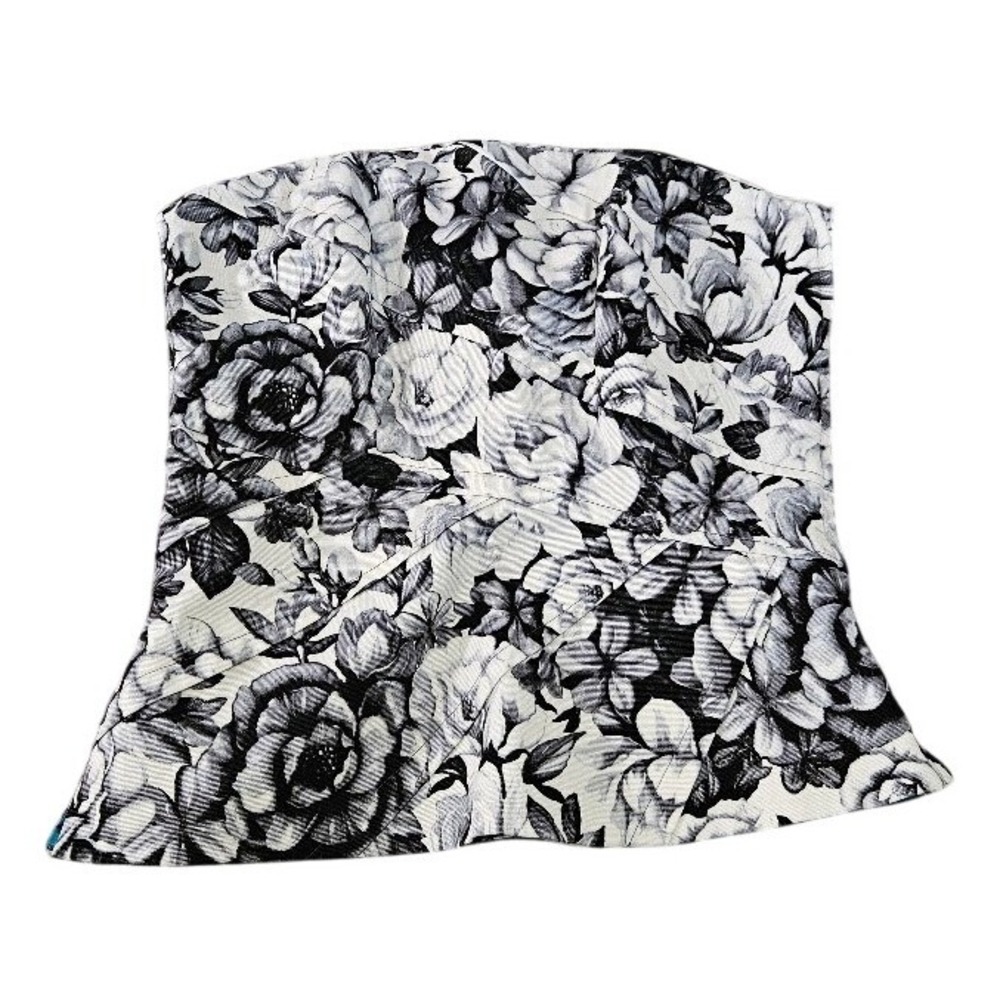 White House Black Market Floral Strapless Top White Black Size 00 Pleated Blouse